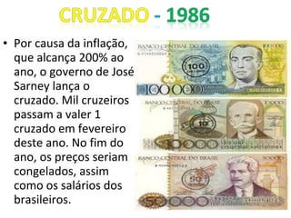 • Por causa da inflação,
que alcança 200% ao
ano, o governo de José
Sarney lança o
cruzado. Mil cruzeiros
passam a valer 1
cruzado em fevereiro
deste ano. No fim do
ano, os preços seriam
congelados, assim
como os salários dos
brasileiros.
 