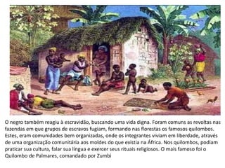 O negro também reagiu à escravidão, buscando uma vida digna. Foram comuns as revoltas nas
fazendas em que grupos de escravos fugiam, formando nas florestas os famosos quilombos.
Estes, eram comunidades bem organizadas, onde os integrantes viviam em liberdade, através
de uma organização comunitária aos moldes do que existia na África. Nos quilombos, podiam
praticar sua cultura, falar sua língua e exercer seus rituais religiosos. O mais famoso foi o
Quilombo de Palmares, comandado por Zumbi
 