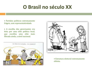 • Partidos políticos extremamente
frágeis, sem representatividade.
• Estrutura eleitoral extremamente
elitista.
• A escolha dos governantes era
feita por uma elite política local,
que escolhia uma elite mais
filtrada ainda, a nível nacional.
O Brasil no século XX
 