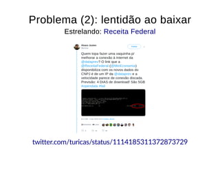 Problema (2): lentidão ao baixarProblema (2): lentidão ao baixar
Estrelando:Estrelando: Receita FederalReceita Federal
twitter.com/turicas/status/1114185311372873729
 