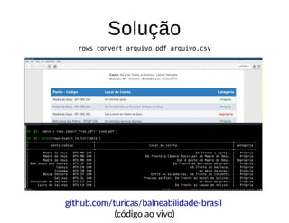 (código ao vivo)
SoluçãoSolução
rows convert arquivo.pdf arquivo.csv
github.com/turicas/balneabilidade-brasil
 