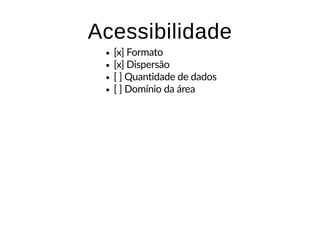 AcessibilidadeAcessibilidade
[x] Formato
[x] Dispersão
[ ] Quantidade de dados
[ ] Domínio da área
 