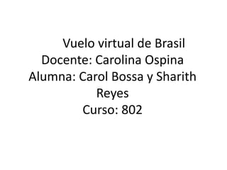 Vuelo virtual de Brasil
Docente: Carolina Ospina
Alumna: Carol Bossa y Sharith
Reyes
Curso: 802
 