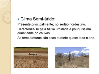  Clima Semi-árido:
Presente principalmente, no sertão nordestino.
Caracteriza-se pela baixa umidade e pouquíssima
quantidade de chuvas.
As temperaturas são altas durante quase todo o ano.
 