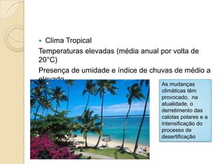  Clima Tropical
Temperaturas elevadas (média anual por volta de
20°C)
Presença de umidade e índice de chuvas de médio a
elevado.
As mudanças
climáticas têm
provocado, na
atualidade, o
derretimento das
calotas polares e a
intensificação do
processo de
desertificação
 
