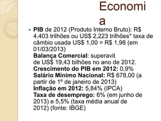 Economi
a
 PIB de 2012 (Produto Interno Bruto): R$
4,403 trilhões ou US$ 2,223 trilhões* taxa de
câmbio usada US$ 1,00 = R$ 1,98 (em
01/03/2013)
Balança Comercial: superavit
de US$ 19,43 bilhões no ano de 2012.
Crescimento do PIB em 2012: 0,9%
Salário Mínimo Nacional: R$ 678,00 (a
partir de 1º de janeiro de 2013)
Inflação em 2012: 5,84% (IPCA)
Taxa de desemprego: 6% (em junho de
2013) e 5,5% (taxa média anual de
2012) (fonte: IBGE)
 