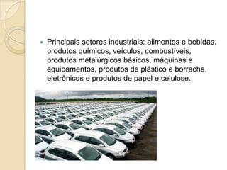  Principais setores industriais: alimentos e bebidas,
produtos químicos, veículos, combustíveis,
produtos metalúrgicos básicos, máquinas e
equipamentos, produtos de plástico e borracha,
eletrônicos e produtos de papel e celulose.
 