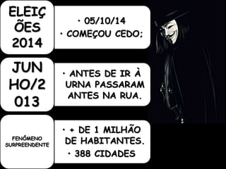 • 05/10/14 
• COMEÇOU CEDO; 
ELEIÇ 
ÕES 
2014 
• ANTES DE IR À 
URNA PASSARAM 
ANTES NA RUA. 
JUN 
HO/2 
013 
• + DE 1 MILHÃO 
DE HABITANTES. 
• 388 CIDADES 
FENÔMENO 
SURPREENDENTE 
 