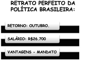 RETRATO PERFEITO DA 
POLÍTICA BRASILEIRA: 
RETORNO: OUTUBRO. 
SALÁRIO: R$26.700 
VANTAGENS - MANDATO 
 