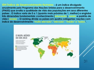 31
IDH Índice de Desenvolvimento Humano - é um índice divulgado
anualmente pelo Programa das Nações Unidas para o desenvolvimento
(PNUD) que avalia a qualidade de vida das populações em seus diferentes
países . O índice varia de 0 a 1 (quanto mais próximo de 1, melhor) e engloba
três dimensões fundamentais :conhecimento (educação), saúde e padrão de
vida ( renda). . O ranking divide os países em quatro categorias: nações com
índice de desenvolvimento "muito elevado", "elevado", "médio" e "baixo".
 