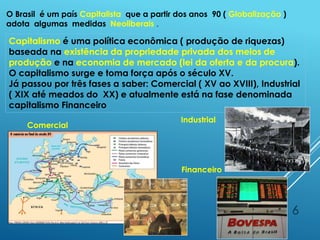 6
Capitalismo é uma política econômica ( produção de riquezas)
baseada na existência da propriedade privada dos meios de
produção e na economia de mercado (lei da oferta e da procura).
O capitalismo surge e toma força após o século XV.
Já passou por três fases a saber: Comercial ( XV ao XVIII), Industrial
( XIX até meados do XX) e atualmente está na fase denominada
capitalismo Financeiro
Comercial
Financeiro
Industrial
O Brasil é um país Capitalista que a partir dos anos 90 ( Globalização )
adota algumas medidas Neoliberais .
 