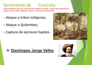 Sertanismo de Contrato
tipo de bandeira que era financiada por agentes privados, visando principalmente o
ataque contra tribos indígenas "hostis" e o ataque aos quilombos.
 Ataque a tribos indígenas;
 Ataque a Quilombos;
 Captura de escravos fugidos.
 Domingos Jorge Velho
 