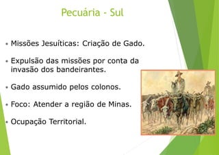 Pecuária - Sul
 Missões Jesuíticas: Criação de Gado.
 Expulsão das missões por conta da
invasão dos bandeirantes.
 Gado assumido pelos colonos.
 Foco: Atender a região de Minas.
 Ocupação Territorial.
 