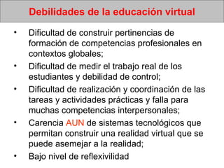 Debilidades de la educación virtual Dificultad de construir pertinencias de formación de competencias profesionales en contextos globales;  Dificultad de medir el trabajo real de los estudiantes y debilidad de control;  D ificultad de realización y coordinación de las tareas y actividades prácticas y falla para muchas competencias interpersonales;  Carencia  AUN  de sistemas tecnológicos que permitan construir una realidad virtual que se puede asemejar a la realidad;  Bajo nivel de reflexivilidad  
