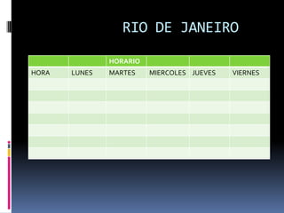RIO DE JANEIRO
               HORARIO
HORA   LUNES   MARTES    MIERCOLES JUEVES   VIERNES
 