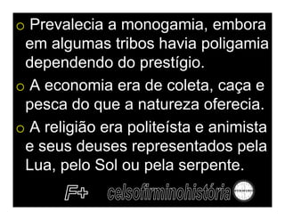 o Prevalecia a monogamia, embora
 em algumas tribos havia poligamia
 dependendo do prestígio.
o A economia era de coleta, caça e
 pesca do que a natureza oferecia.
o A religião era politeísta e animista
 e seus deuses representados pela
 Lua, pelo Sol ou pela serpente.
 