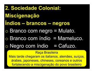 2. Sociedade Colonial:
Miscigenação
Índios – brancos – negros
o Branco com negro = Mulato.
o Branco com índio = Mameluco.
o Negro com índio = Cafuzo.
                  Raça Brasileira
 Mais tarde chegaram os italianos, alemães, suíços,
  árabes, japoneses, chineses, coreanos e outros
  fortalecendo a miscigenação do povo brasileiro
 