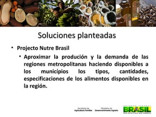 Soluciones planteadas
• Projecto Nutre Brasil
• Aproximar la produción y la demanda de las
regiones metropolitanas haciendo disponibles a
los
municípios
los
tipos,
cantidades,
especificaciones de los alimentos disponibles en
la región.

 