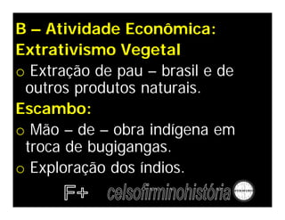 B – Atividade Econômica:
Extrativismo Vegetal
o Extração de pau – brasil e de
outros produtos naturais.
Escambo:
o Mão – de – obra indígena em
troca de bugigangas.
o Exploração dos índios.
 