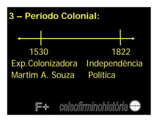 3 – Período Colonial:
1530 1822
Exp.Colonizadora Independência
Martim A. Souza Política
 