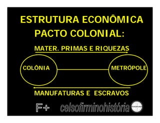 ESTRUTURA ECONÔMICA
PACTO COLONIAL:
MATER. PRIMAS E RIQUEZAS
COLÔNIA METRÓPOLE
MANUFATURAS E ESCRAVOS
 
