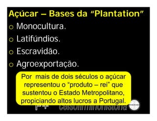 Açúcar – Bases da “Plantation”
o Monocultura.
o Latifúndios.
o Escravidão.
o Agroexportação.
Por mais de dois séculos o açúcar
representou o “produto – rei” que
sustentou o Estado Metropolitano,
propiciando altos lucros a Portugal.
 
