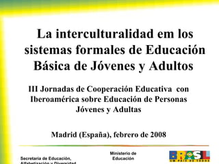La interculturalidad em los sistemas formales de Educación Básica de Jóvenes y Adultos  III Jornadas de Cooperación Educativa  con Iberoamérica sobre Educación de Personas Jóvenes y Adultas Madrid (España), febrero de 2008 