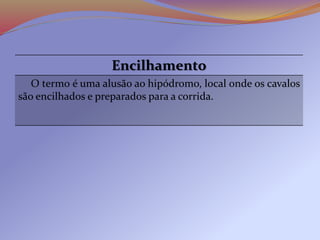 Encilhamento
O term0 é uma alusão ao hipódromo, local onde os cavalos
são encilhados e preparados para a corrida.
 