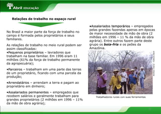 Relações de trabalho no espaço rural

                                                  ●Assalariados temporários – empregados
                                                  pelas grandes fazendas apenas em épocas
No Brasil a maior parte da força de trabalho no
                                                  de maior necessidade de mão de obra (2
campo é formada pelos proprietários e seus
                                                  milhões em 1996 – 11 % da mão de obra
familiares.
                                                  agrária). Entre outros fazem parte deste
As relações de trabalho no meio rural podem ser   grupo os boia-fria e os peões da
assim classificadas:                              Amazônia.
•Pequenos proprietários – lavradores que




                                                                                                       Amilton Vieira – Editora Abril
trabalham na base familiar. Em 1996 eram 11
milhões (61% da força de trabalho permanente
da agropecuária);
•Parceiros – trabalham em uma parte das terras
de um proprietário, ficando com uma parcela da
produção;
•Arrendatários – arrendam a terra e pagam ao
proprietário em dinheiro;
•Assalariados permanentes – empregados que
recebem salários e geralmente trabalham para          Trabalhadores rurais com suas ferramentas
grandes proprietários (2 milhões em 1996 – 11%
da mão de obra agrária);
                                                                                                  11
 