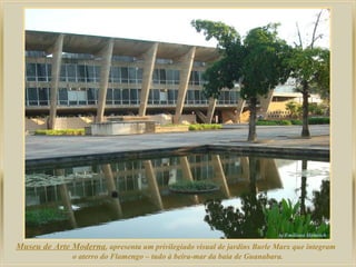 Museu de Arte Moderna, apresenta um privilegiado visual de jardins Burle Marx que integram
               o aterro do Flamengo – tudo à beira-mar da baia de Guanabara.
 