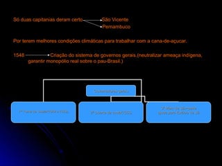 Só duas capitanias deram certo          São Vicente
                                        Pernambuco

Por terem melhores condições climáticas para trabalhar com a cana-de-açucar.

1548             Criação do sistema de governos gerais.(neutralizar ameaça indígena,
       garantir monopólio real sobre o pau-Brasil.)




                                   Governadores gerais



                                                                  3º Mem de Sá->pede
  1º Tomé de Souza(1549 a 1553)   2º Duarte da costa(1553)      ajuda para Estácio de Sá.
 