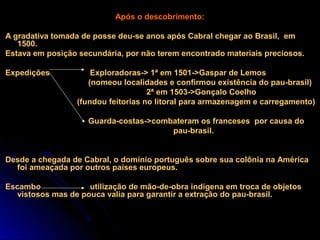 Após o descobrimento:

A gradativa tomada de posse deu-se anos após Cabral chegar ao Brasil, em
   1500.
Estava em posição secundária, por não terem encontrado materiais preciosos.

Expedições            Exploradoras-> 1ª em 1501->Gaspar de Lemos
                     (nomeou localidades e confirmou existência do pau-brasil)
                                     2ª em 1503->Gonçalo Coelho
                  (fundou feitorias no litoral para armazenagem e carregamento)

                    Guarda-costas->combateram os franceses por causa do
                                       pau-brasil.


Desde a chegada de Cabral, o domínio português sobre sua colônia na América
  foi ameaçada por outros países europeus.

Escambo              utilização de mão-de-obra indígena em troca de objetos
   vistosos mas de pouca valia para garantir a extração do pau-brasil.
 