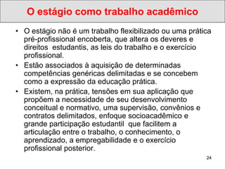 O estágio como trabalho acadêmico
• O estágio não é um trabalho flexibilizado ou uma prática
  pré-profissional encoberta, que altera os deveres e
  direitos estudantis, as leis do trabalho e o exercício
  profissional.
• Estão associados à aquisição de determinadas
  competências genéricas delimitadas e se concebem
  como a expressão da educação prática.
• Existem, na prática, tensões em sua aplicação que
  propõem a necessidade de seu desenvolvimento
  conceitual e normativo, uma supervisão, convênios e
  contratos delimitados, enfoque socioacadêmico e
  grande participação estudantil que facilitem a
  articulação entre o trabalho, o conhecimento, o
  aprendizado, a empregabilidade e o exercício
  profissional posterior.
                                                        24
 