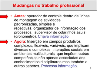 Mudanças no trabalho profissional

• Antes: operador de controle dentro de linhas
  de montagem de atividades
  padronizadas, simples e
  repetitivas, organizador de informação dos
  processos, supervisor de colarinhos azuis
  (cronometro). Criava informação
• Agora: Inserção em campos produtivos
  complexos, flexíveis, variáveis, que implicam
  diversas e complexas interações sociais em
  ambientes multiculturais que impõem outras
  competências não apenas associadas aos
  conhecimentos disciplinares mas também a
  outros saberes. Processa informação           5
 