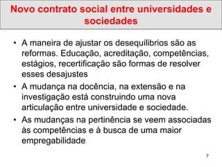 Novo contrato social entre universidades e
               sociedades

• A maneira de ajustar os desequilibrios são as
  reformas. Educação, acreditação, competências,
  estágios, recertificação são formas de resolver
  esses desajustes
• A mudança na docência, na extensão e na
  investigação está construindo uma nova
  articulação entre universidade e sociedade.
• As mudanças na pertinência se veem associadas
  às competências e à busca de uma maior
  empregabilidade
                                               7
 