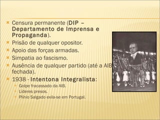 Censura permanente ( DIP – Departamento de Imprensa e Propaganda ). Prisão de qualquer opositor. Apoio das forças armadas. Simpatia ao fascismo. Ausência de qualquer partido (até a AIB foi fechada). 1938 -  Intentona Integralista :  Golpe fracassado da AIB.  Líderes presos. Plínio Salgado exila-se em Portugal.  