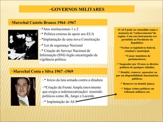 GOVERNOS MILITARES * Política externa de apoio aos EUA *Implantação de uma nova Constituição * Lei de segurança Nacional * Criação do Serviço Nacional de Informação (SNI) órgão encarregado da vigilância política. *Criação da Frente Ampla (movimento que exigia a redemocratização)  reunindo políticos como JK, Jango e Lacerda * Implantação do AI-5 Marechal Castelo Branco 1964 -1967 *Atos institucionais 1 e 2 Marechal Costa e Silva 1967 -1969 * Início da luta armada contra a ditadura O AI-5 pode ser entendido como o momento de “endurecimento”do regime. Com este instrumento era permitido ao Presidente da República: *Fechar os legislativos federal, estadual e municipal; *Cassar mandatos de parlamentares; * Suspender por 10 anos os direitos políticos de qualquer cidadão; * Demitir, remover, aposentar ou por em disponibilidade funcionários públicos; * Remover ou demitir juizes; * Julgar crimes políticos em tribunais militares etc. 