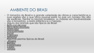 AMBIENTE DO BRASI
• O tamanho do Brasil e a grande variedade de climas e características e
suas regiões são o que torna possível existir no país um número tão alto
de espécies. Dentre os biomas brasileiros, os maiores em biodiversidade
são a Amazônia, a Mata Atlântica e o Cerrado.
• Alguns dos animais que são típicos do Brasil:
• Boto-cor-de-rosa
• Mico-leão-dourado
• Arara-azul
• Onça-pintada
• Sucuri
• Capivara
• Ariranha
Algumas plantas típicas do Brasil:
• Aroeira
• Bambu
• Castanheira
• Cedro
• Jatobá
 