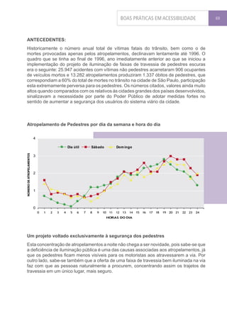 BOAS PRÁTICAS EM ACESSIBILIDADE              69




ANTECEDENTES:
Historicamente o número anual total de vítimas fatais do trânsito, bem como o de
mortes provocadas apenas pelos atropelamentos, declinavam lentamente até 1996. O
quadro que se tinha ao final de 1996, ano imediatamente anterior ao que se iniciou a
implementação do projeto de iluminação de faixas de travessia de pedestres escuras
era o seguinte: 25.947 acidentes com vítimas não pedestres acarretaram 906 ocupantes
de veículos mortos e 13.282 atropelamentos produziram 1.337 óbitos de pedestres, que
correspondiam a 60% do total de mortes no trânsito na cidade de São Paulo, participação
esta extremamente perversa para os pedestres. Os números citados, valores ainda muito
altos quando comparados com os relativos ás cidades grandes dos países desenvolvidos,
sinalizavam a necessidade por parte do Poder Público de adotar medidas fortes no
sentido de aumentar a segurança dos usuários do sistema viário da cidade.



Atropelamento de Pedestres por dia da semana e hora do dia




Um projeto voltado exclusivamente à segurança dos pedestres
Esta concentração de atropelamentos a noite não chega a ser novidade, pois sabe-se que
a deficiência de iluminação pública é uma das causas associadas aos atropelamentos, já
que os pedestres ficam menos visíveis para os motoristas aos atravessarem a via. Por
outro lado, sabe-se também que a oferta de uma faixa de travessia bem iluminada na via
faz com que as pessoas naturalmente a procurem, concentrando assim os trajetos de
travessia em um único lugar, mais seguro.
 