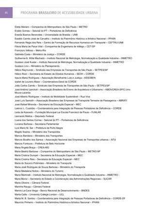 86        PROGRAMA BRASILEIRO DE ACESSIBILIDADE URBANA


     Eliete Mariani – Companhia do Metropolitano de São Paulo – METRO
     Eraldo Gomes – Setorial do PT – Portadores de Deficiência
     Eneida Buenos Benevides – Universidade de Brasilia – UNB
     Ewaldo Camilo José de Carvalho – Instituto do Patrimônio Histórico e Artístico Nacional – IPHAN
     Fernando Régis dos Reis – Centro de Formação de Recursos Humanos em Transporte – CEFTRU-UNB
     Flávia Maria de Paiva Vital – Companhia de Engenharia de tráfego – CET-SP
     Francisco Velloso – Metro-Rio
     Gabriela Costa – Ministério da Justiça – CORDE
     Guilherme A. Witte Machado – Instituto Nacional de Metrologia, Normalização e Qualidade Indústria – INMETRO
     Gustavo José Kuster – Instituto Nacional de Metrologia, Normalização e Qualidade Industria – INMETRO
     Gustavo Lino – Ministério do Planejamento
     Hélcio Raymundo – Sindicato das Empresas de Transportes de São Paulo – SETPES/SP
     Hélcio Rizzi – Secretaria de Estado de Direitos Humanos – SEDH – CORDE
     Isaura Maria Rodrigues – Associação Beneficente Luta e Justiça – ASSOBEN
     Izabel de Loureiro Maior – Coordenadora-Geral da CORDE
     João Carlos Camilo – Sindicato das Empresas de Transportes de São Paulo – SETPES/SP
     José Antônio Lanchoti – Associação Brasileira de Ensino de Arquitetura e Urbanismo – ABEA/CREA-SP/C.Univ.
     Moura Lacerda
     José Alberto Rodrigues – Instituto da Mobilidade Sustentável – Rua Viva
     José Luís Santolin – Associação Brasileira das Empresas de Transporte Terrestre de Passageiros – ABRATI
     José Rafael Miranda – Secretaria de Educação Especial – MEC
     Laércio L. Custódio – Coordenadoria para Integração de Pessoas Portadores de Deficiência – CORDE
     Leda de Azevedo – Fundação Municipal Lar Escola Francisco de Paula – FUNLAR
     Leonardo Mattos – Deputado Federal
     Luana dos Santos Correa – Setorial do PT – Portadores de Deficiência
     Luciana Barbosa – Secretaria Parlamentar
     Luís Mario M. Sar – Prefeitura de Porto Alegre
     Magdo Soares – Ministério dos Transportes
     Marcos Bandeira – Ministério dos Transportes
     Marcos Bicalho dos Santos – Associação Nacional das Empresas de Transportes urbanos – NTU
     Marcos Fontoura – Prefeitura de Belo Horizonte
     Maria Ângela Braça – CREA-MG
     Maria Beatriz Barbosa – Companhia do Metropolitano de São Paulo – METRO-SP
     Maria Cristina Dumpel – Secretaria de Educação Especial – MEC
     Maria Cristina Reis – Secretaria de Educação Especial – MEC
     Maria do Socorro Pirâmides – Ministério do Transporte
     Maria José Rodrigues de Souza Barbosa – Ministério do Transporte
     Maria Madalena Nobre – Ministério do Turismo
     Maria Martinelli – Instituto Nacional de Metrologia, Normalização e Qualidade Industria – INMETRO
     Maria Muniz – Secretaria do Estado e Coordenação das Administrações Regionais – SUCAR
     Maria Oliveira – Câmara Federal
     Marinha Raupp – Câmara Federal
     Marvio La-Cava Veiga – Banco Nacional de Desenvolvimento – BNDES
     Marta Caifa – University College London – UCL
     Marta M. B. Santos – Coordenadoria para Integração de Pessoas Portadoras de Deficiência – CORDE-DF
     Maurício Pinheiro – Instituto do Patrimônio Histórico e Artístico Nacional – IPHAN
 
