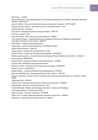 BOAS PRÁTICAS EM ACESSIBILIDADE                         87



Milo Victória – LACMAT
Moacir Alberto Paes – Associação Brasileira dos Fabricantes de Motocicleta, Ciclomotores, Motonetas, Bicicletas e
Similares – ABRACICLO
Nancy N. Nishino – Centro de Formação de Recursos Humanos em Transporte – CEFTRU-UNB
Nazareno Stanislau Affonso – Associação Nacional de Transporte Público – ANTP
Octacilho Monteiro – Rio/ônibus
Olmo Xavier – Associação Nacional de Transporte Público – ANTP-DF
Paul Foer – Anapolis – MD
Paula B. de Souza – Banco Nacional de Desenvolvimento – BNDES
Paulo Roberto Mutterier – Sindicato Patronal que Congrega os Fabricantes de Materiais e Equipamentos
Ferroviários, Rodoviários e Duas Rodas – SIMEFRE
Pedro Wilson – Prefeitura Municipal de Goiânia
Regina Atalla – Centro de Vida Independente – CVI-BRASIL/COMDE
Regina Cardoso Mokandi – CREA-SP
Regine Cezana – Secretaria de Educação Especial – MEC
Ricardo Hummel – Fabricantes de Equipamentos Adaptados – ORTOBRAS
Roberto Lopes Costa Reis – Conselho Nacional dos Direitos da Pessoa Portadora de Deficiência – CONADE
Rohan Curuppu – OMNITRANS
Rubens Chiesa – Companhia Paulista de Trens Metropolitanos – CPTMSP
Rubens Loreto – Ministério do Desenvolvimento Social
Sidemar F. da Silva – Empresa de Trens Urbanos de Porto Alegre – TRENSURB
Silvana C. Cunha – SOCICAM-SP
Silvestre Ribeiro – Companhia Paulista de Trens Metropolitanos – CPTM/SP
Sônia da Costa Rodrigues – Companhia Brasileira de Trens Urbanos – CBTU/AC
Soraya S. dos Santos – Serviço Social de Transporte/ Serviço Nacional de Aprendizagem do Transporte – SEST/
SENAT
Telga Araújo Filho – CREA-PE
Ubiratan Felix – Federação Interestadual de Sindicatos de Engenheiros – FISENGE
Valéria Rangel – Secretaria de Educação Especial – MEC
Viviane Mosna gab. Prefeitura de Porto Alegre João Verle – Prefeitura de Porto Alegre
Yeda Virginia Barbosa – Ministério das Cidades
Waldir A. Augusti – São Paulo Transportes – SPTRANS
Wilson Lang – Conselho Federal de Engenharia, Arquitetura e Agronomia – CONFEA
Zilda Borson – Banco Nacional de Desenvolvimento – BNDES
 