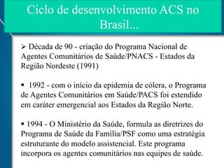 Ciclo de desenvolvimento ACS no
Brasil...
Ø  Década de 90 - criação do Programa Nacional de

Agentes Comunitários de Saúde/PNACS - Estados da
Região Nordeste (1991)
§  1992 - com o início da epidemia de cólera, o Programa
de Agentes Comunitários em Saúde/PACS foi estendido
em caráter emergencial aos Estados da Região Norte.
§  1994 - O Ministério da Saúde, formula as diretrizes do
Programa de Saúde da Família/PSF como uma estratégia
estruturante do modelo assistencial. Este programa
incorpora os agentes comunitários nas equipes de saúde.

 