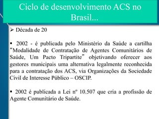 Ciclo de desenvolvimento ACS no
Brasil...
Ø  Década de 20
§  2002 - é publicada pelo Ministério da Saúde a cartilha
“Modalidade de Contratação de Agentes Comunitários de
Saúde, Um Pacto Tripartite” objetivando oferecer aos
gestores municipais uma alternativa legalmente reconhecida
para a contratação dos ACS, via Organizações da Sociedade
Civil de Interesse Público – OSCIP.
§  2002 é publicada a Lei nº 10.507 que cria a profissão de
Agente Comunitário de Saúde.

 