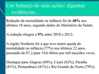 Um balanço de suas ações: algumas
evidências...
Redução da mortalidade na infância foi de 40% nos
últimos 10 anos, segundo dados do Ministério da Saúde;
A redução chegou a 9% entre 2010 e 2012;
A região Nordeste foi a que teve maior queda da
mortalidade na infância (77%) nos últimos 22 anos,
passando de 87,3 para 19,6 óbitos por mil nascidos vivos;
Destaque para Alagoas (84%), Ceará (82%), Paraíba
(81%), Pernambuco (81%) e Rio Grande do Norte (79%).

 