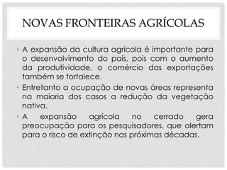 NOVAS FRONTEIRAS AGRÍCOLAS
• A expansão da cultura agrícola é importante para
o desenvolvimento do país, pois com o aumento
da produtividade, o comércio das exportações
também se fortalece.
• Entretanto a ocupação de novas áreas representa
na maioria dos casos a redução da vegetação
nativa.
• A expansão agrícola no cerrado gera
preocupação para os pesquisadores, que alertam
para o risco de extinção nas próximas décadas.
 