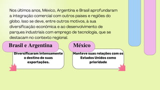Diversificaram intensamente
o destino de suas
exportações.
Brasil e Argentina
Manteve suas relações com os
Estados Unidos como
prioridade
México
 