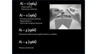 Ai – 1 (1964)
Ai – 2 (1965)
•Poder político.
•Elecciones indirectas.
•Fin de los partidos políticos.
•Bipartidalismo.
•Cierre del Congreso Nacional.
Ai – 3 (1966)
•Elecciones indirectas para gobernadores y alcaldes.
Ai – 4 (1966)
•Nueva constitución.
 