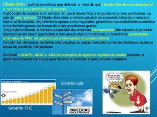 Liberalismo - política econômica que defende a ideia de que o Estado não deve ser empresarial
e não cabe a ele a produção de riquezas.
A produção de riquezas e os serviços em geral devem ficar a cargo das empresas particulares, ou
seja do setor privado. O Estado deve atuar o mínimo possível na economia deixando o mercado
funcionar livremente, de preferência apenas como regulador, garantindo sua estabilidade econômica
e interferindo apenas em épocas de crises econômicas graves.
Em governos liberais é comum: a expansão das empresas transnacionais (são capazes de produzir
mercadorias em maior quantidade e com preços mais competitivos), o incentivo às privatizações
(chamadas de PPPs no governo Lula e Concessões no governo Dilma)
Também há diminuição de tarifas alfandegárias ou outras restrições comerciais facilitando assim as
trocas no comércio internacional.
No Brasil a ANATEL, ANAC e ANA são exemplos de agências regulatórias criadas (durante os
governos Fernando Henrique) para fiscalizar e controlar o setor privado produtivo.
Governo FHC
Governo Lula
6
 