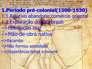 1.Período  pré-colonial(1500-1530) 1.1.Relativo abandono:comércio oriental 1.2.Exploração do pau-brasil: – >Monopólio real – >Mão-de-obra nativa 1.Período  pré-colonial(1500-1530) 1.1.Relativo abandono:comércio oriental 1.2.Exploração do pau-brasil: – >Monopólio real – > 1.Período  pré-colonial(1500-1530) – > Escambo – > Não formou sociedade  – > Importância:tintas e móveis 