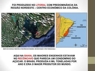 102 ENGENHOS 17 ENGENHOS FOI PRODUZIDO NO  LITORAL  COM PREDOMINÂNCIA DA REGIÃO NORDESTE – CENTRO ECONÔMICO DA COLÔNIA. AQUI NA  BAHIA , OS MAIORES ENGENHOS ESTAVAM  NO  RECÔNCAVO  QUE PARECIA UM CONDOMÍNIO DO AÇÚCAR. O BRASIL PRODUZIA 6 MIL TONELADAS POR ANO E ERA O MAIOR PRODUTOR DO MUNDO. MAPA DO GOOGLE MOSTRA O RECÔNCAVO BAIANO. EM DESTAQUE O RIO PARAGUAÇU. 